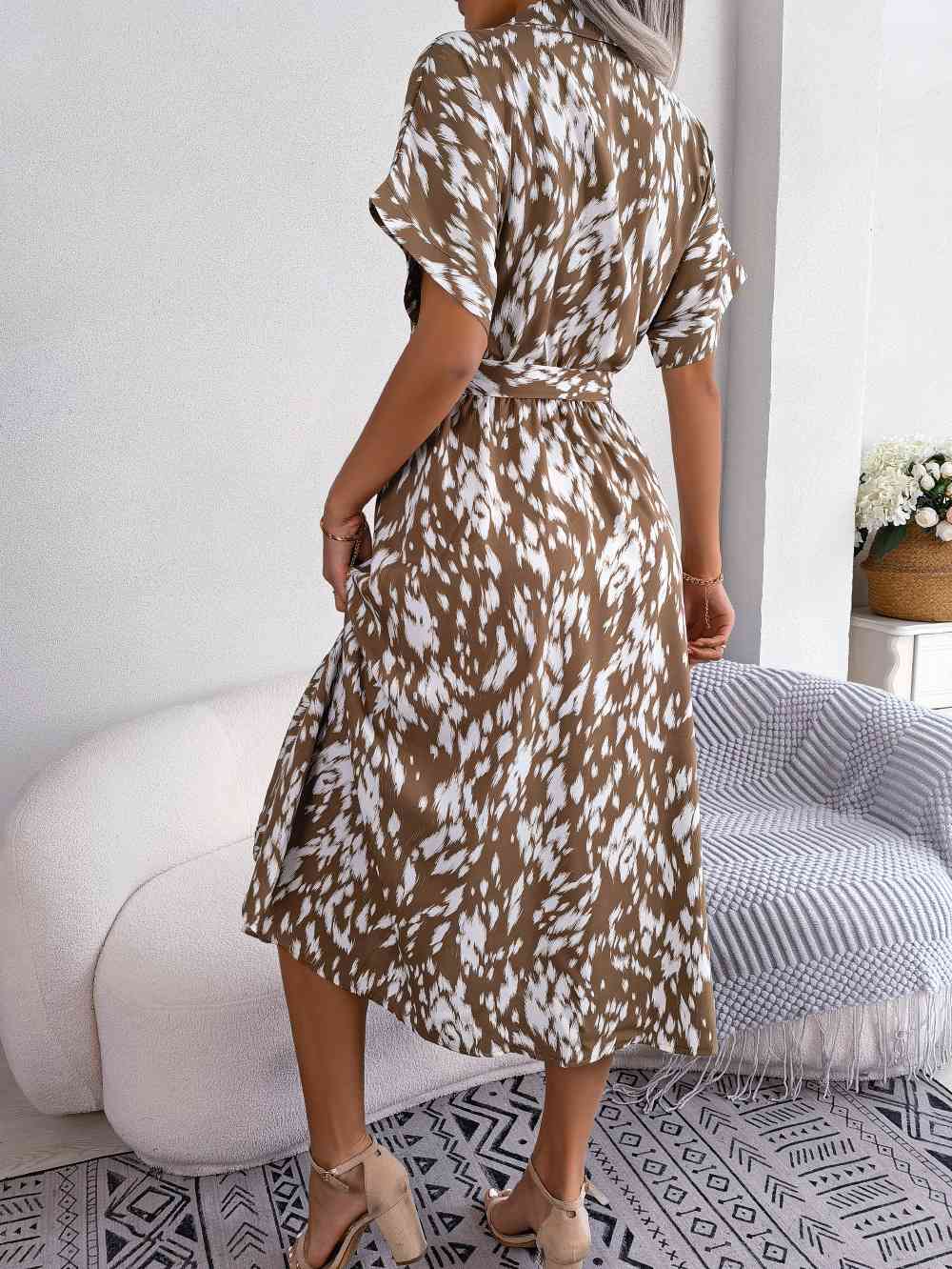 Printed Collared Neck Short Sleeve Tie Waist Dress - TRENDMELO