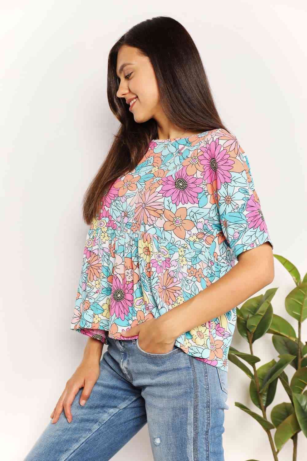 Double Take Floral Round Neck Babydoll Top - TRENDMELO