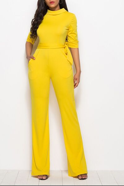 Mock Neck Tie-Waist Half Sleeve Jumpsuit - TRENDMELO