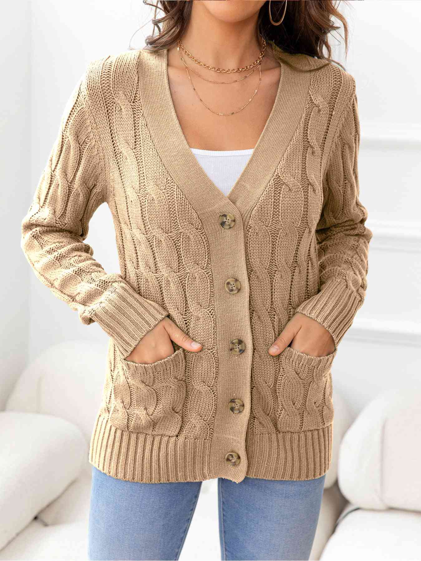 Button Down Cable-Knit Cardigan - TRENDMELO