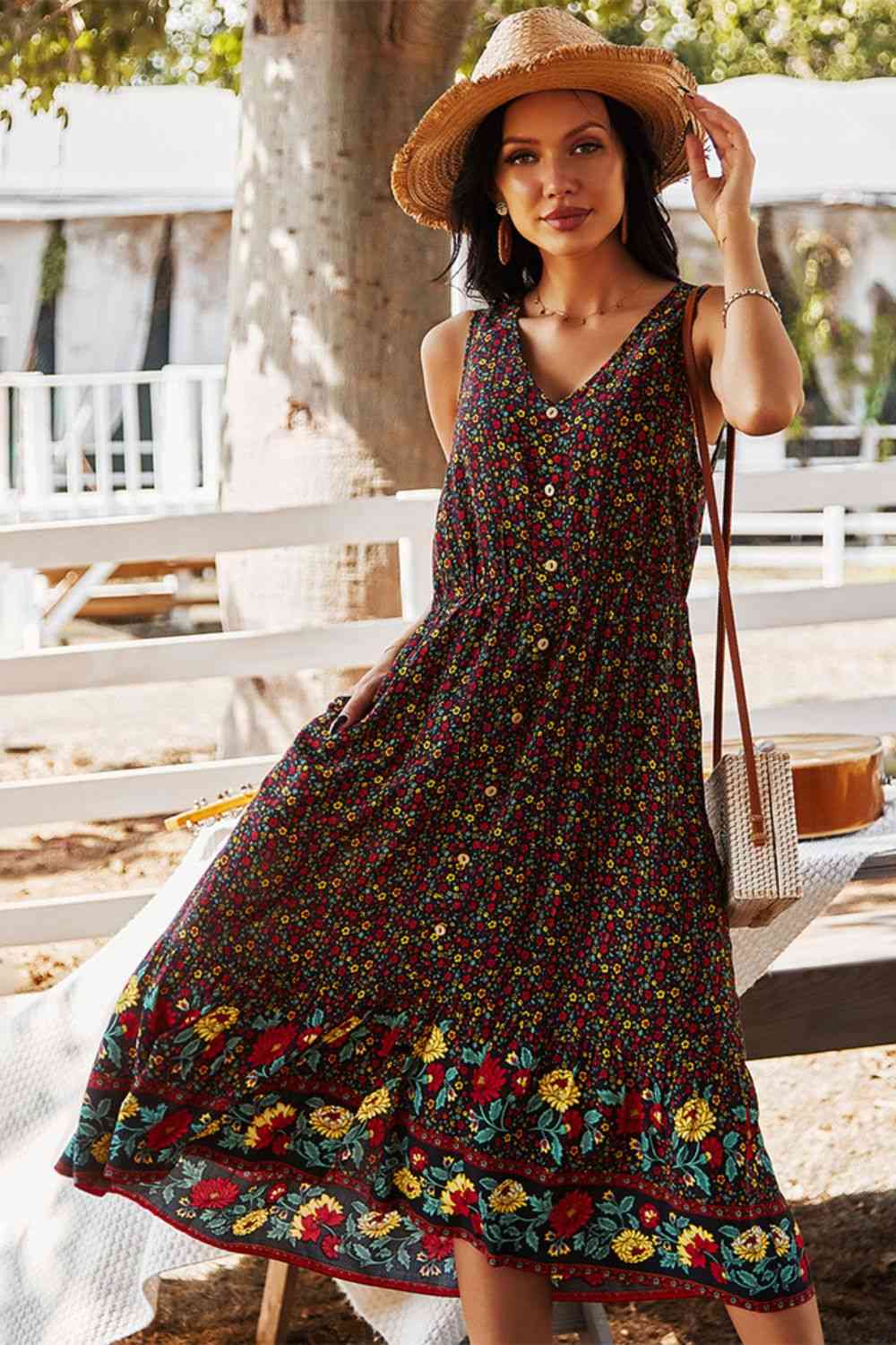 Floral Print Bohemian Style V-neck Sleeveless Midi Dress - TRENDMELO