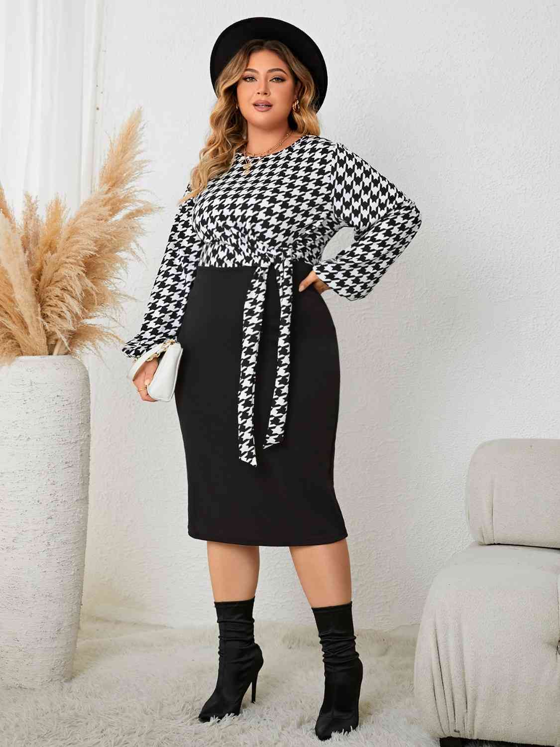 Plus Size Houndstooth Tied Long Sleeve Dress - TRENDMELO