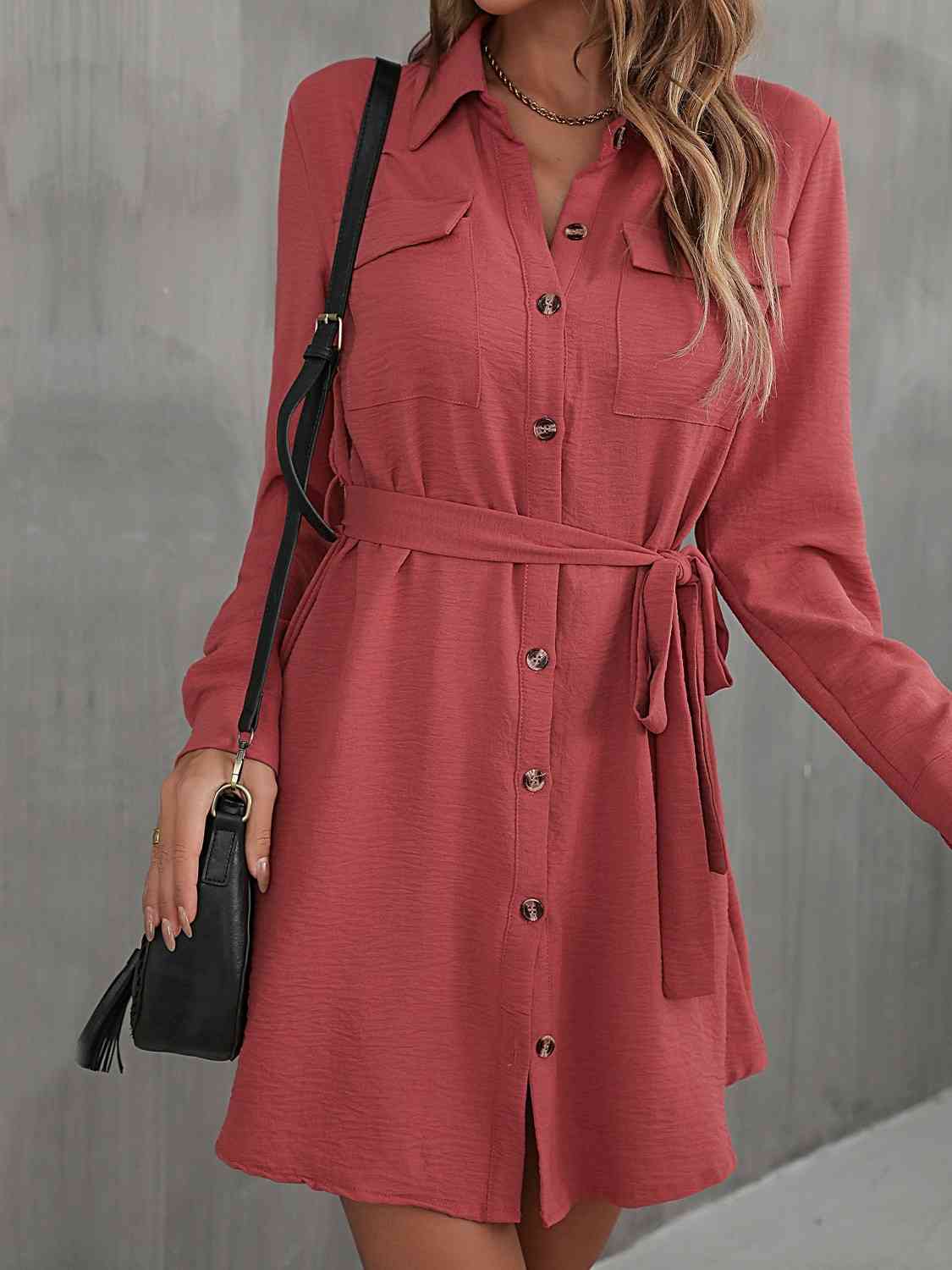 Button Down Belted Long Sleeve Shirt Dress - TRENDMELO