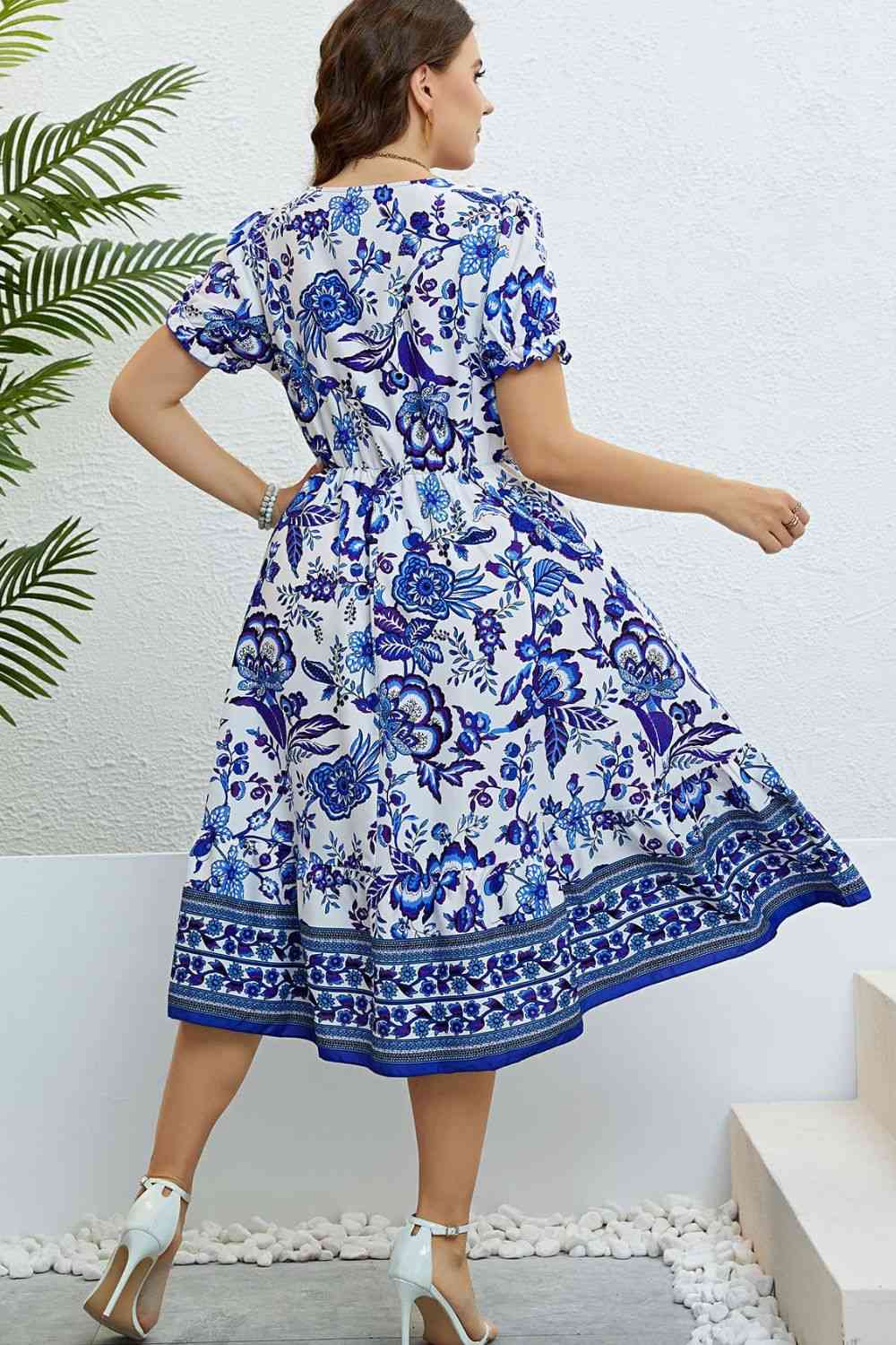 Floral Flounce Sleeve Surplice Dress - TRENDMELO