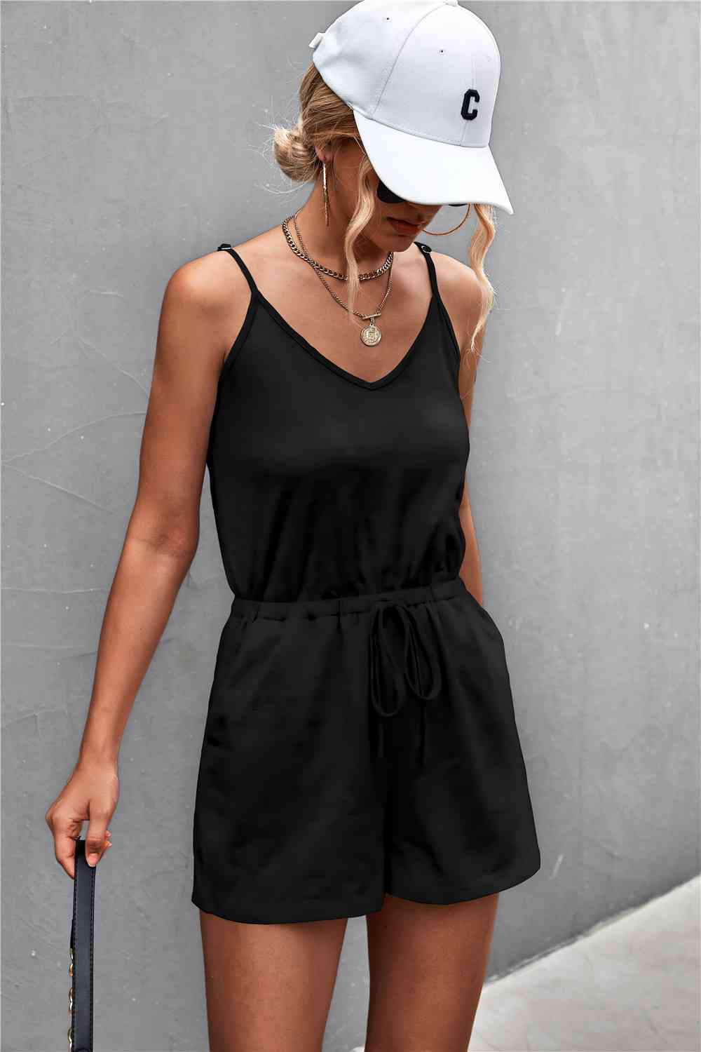 Spaghetti Strap V-Neck Pocket Romper - TRENDMELO