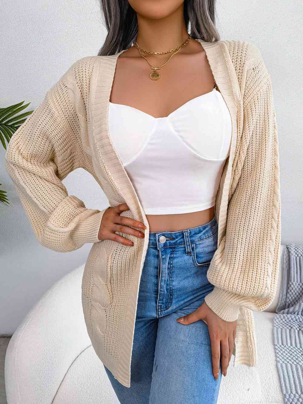 Cable-Knit Open Front Pocketed Cardigan - TRENDMELO