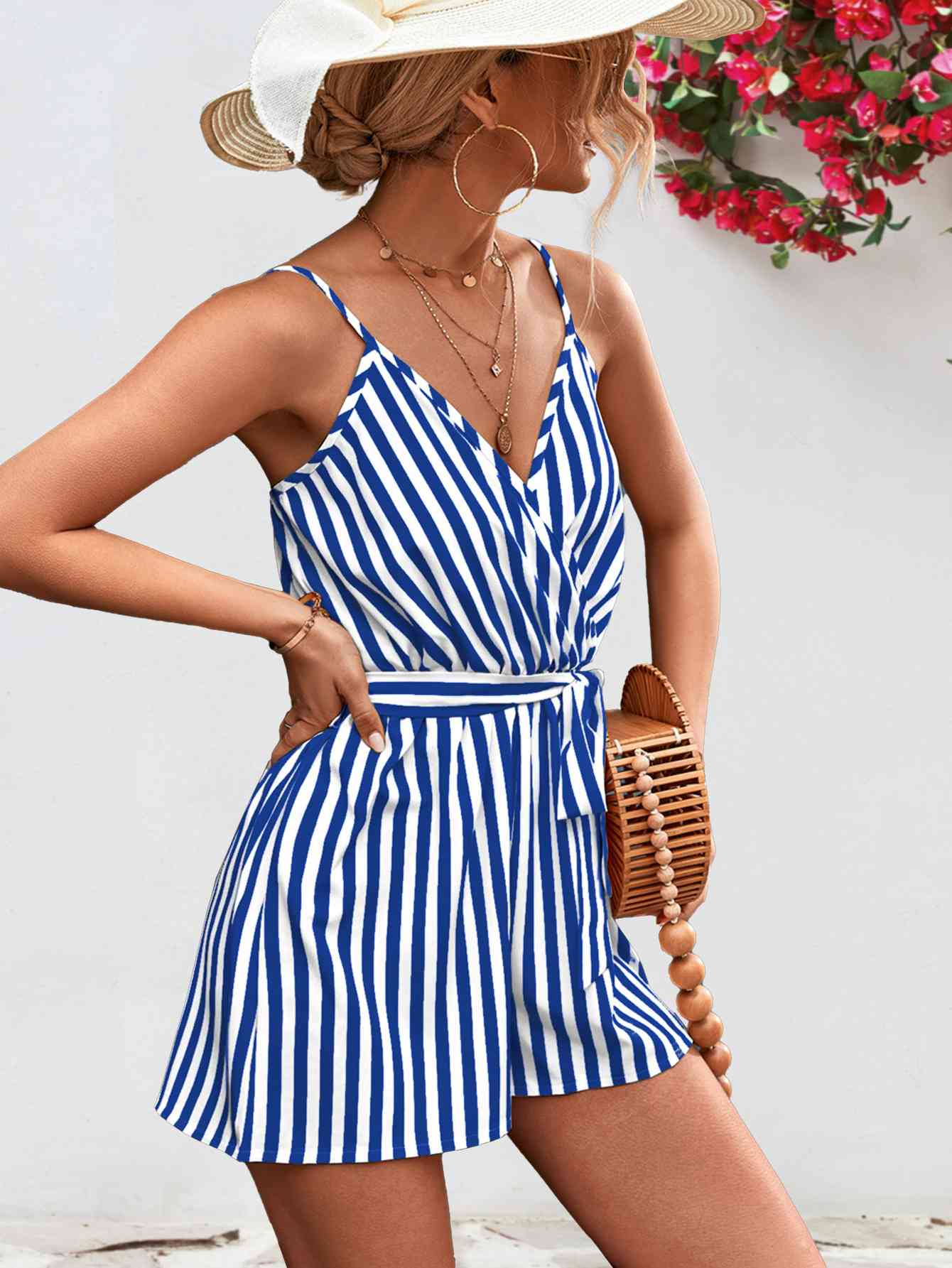 Striped Tie Waist Spaghetti Strap Romper - TRENDMELO