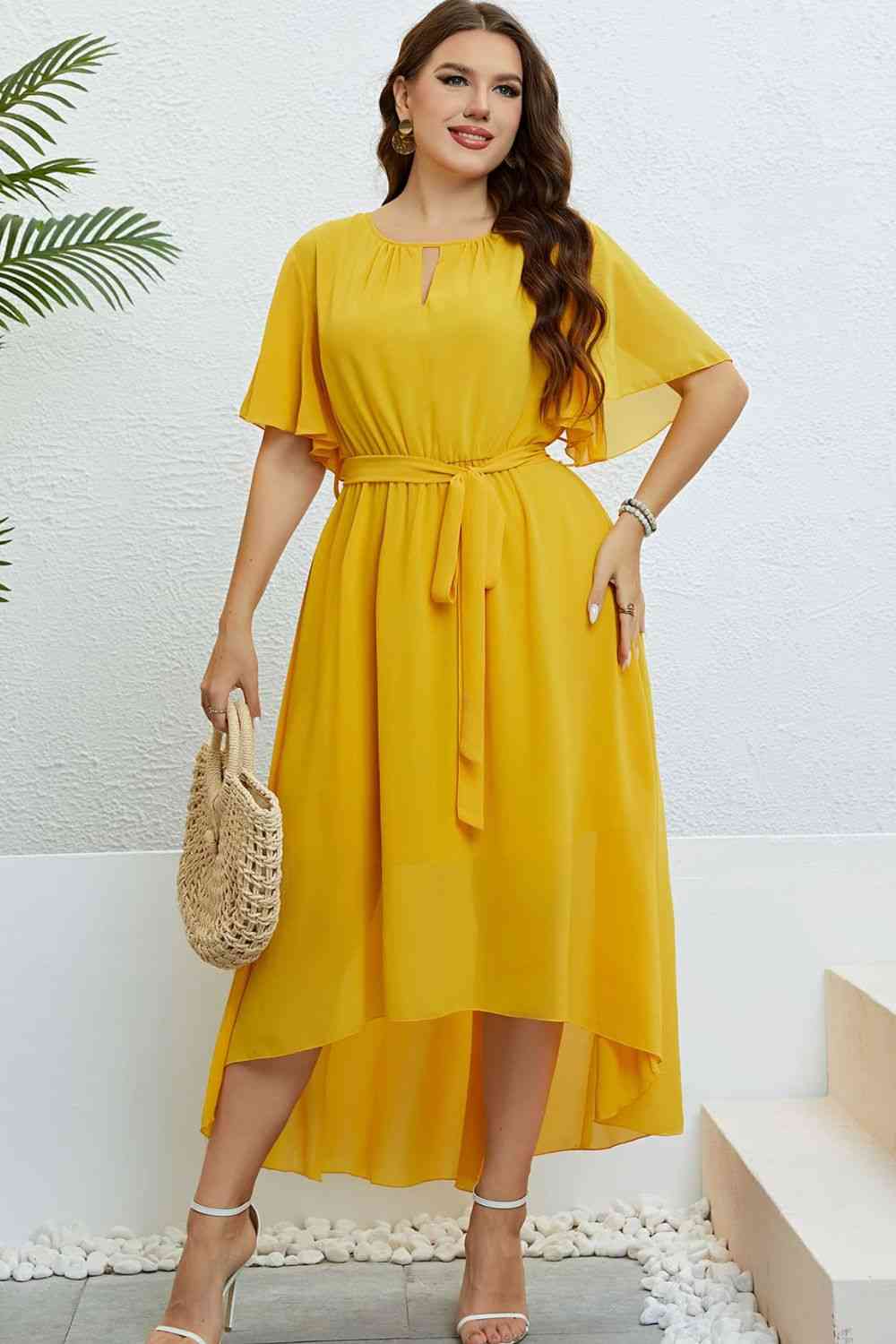 Belted Flutter Sleeve High-Low Dress - TRENDMELO