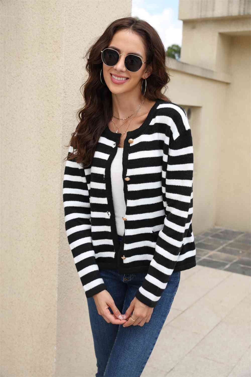 Striped Round Neck Button-Down Dropped Shoulder Cardigan - TRENDMELO