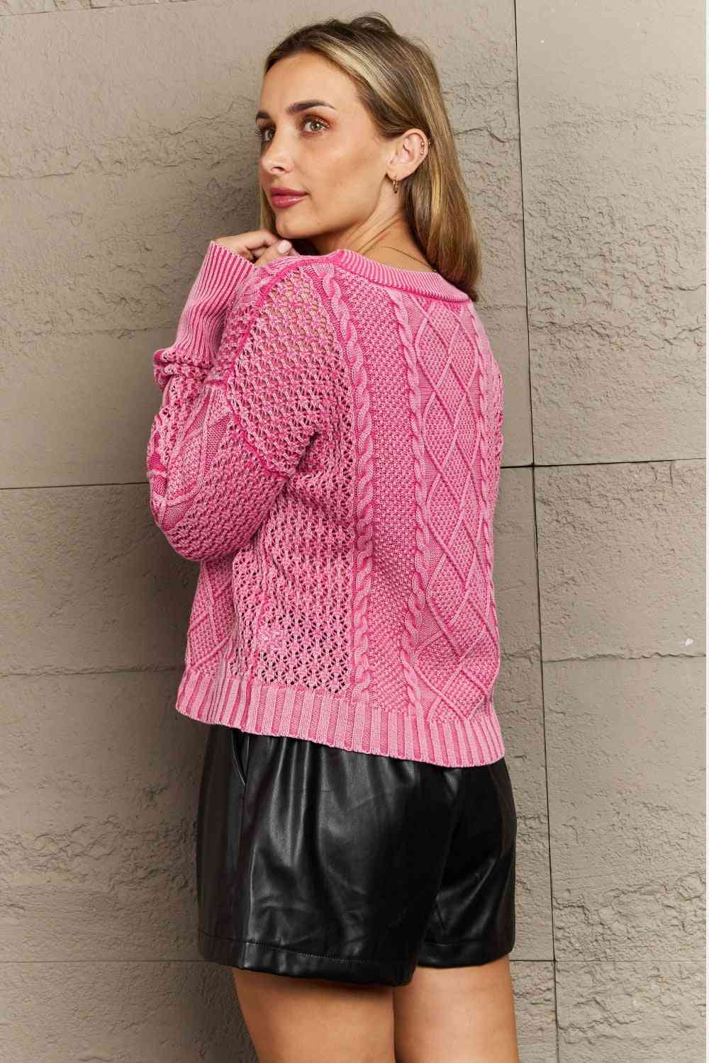HEYSON Soft Focus Full Size Wash Cable Knit Cardigan in Fuchsia - TRENDMELO