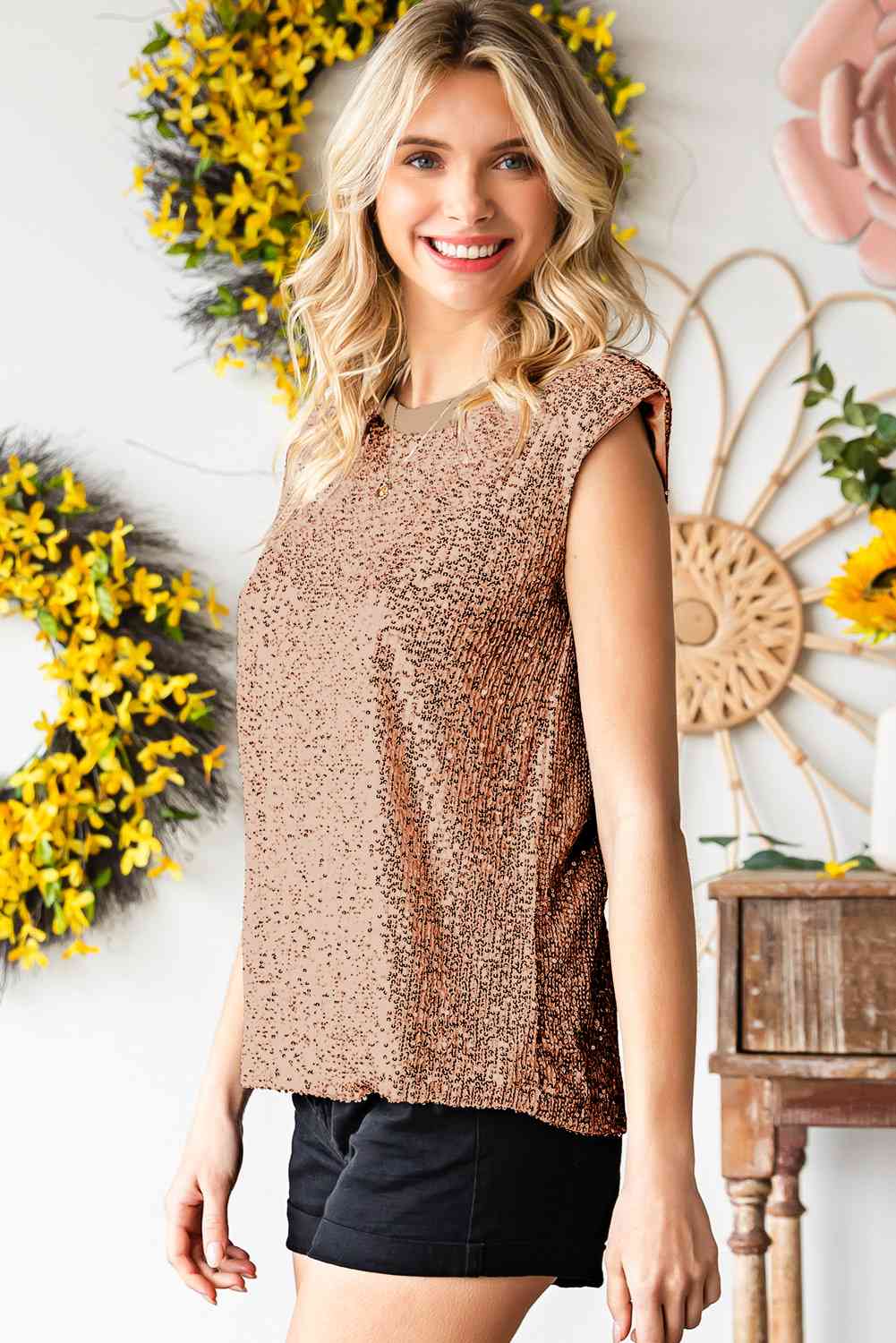 Sequin Round Neck Capped Sleeve Tank - TRENDMELO