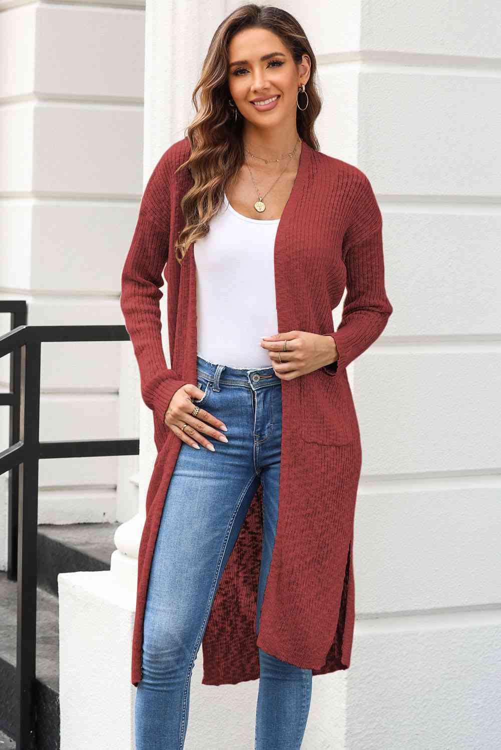 Open Front Slit Cardigan with Pockets - TRENDMELO