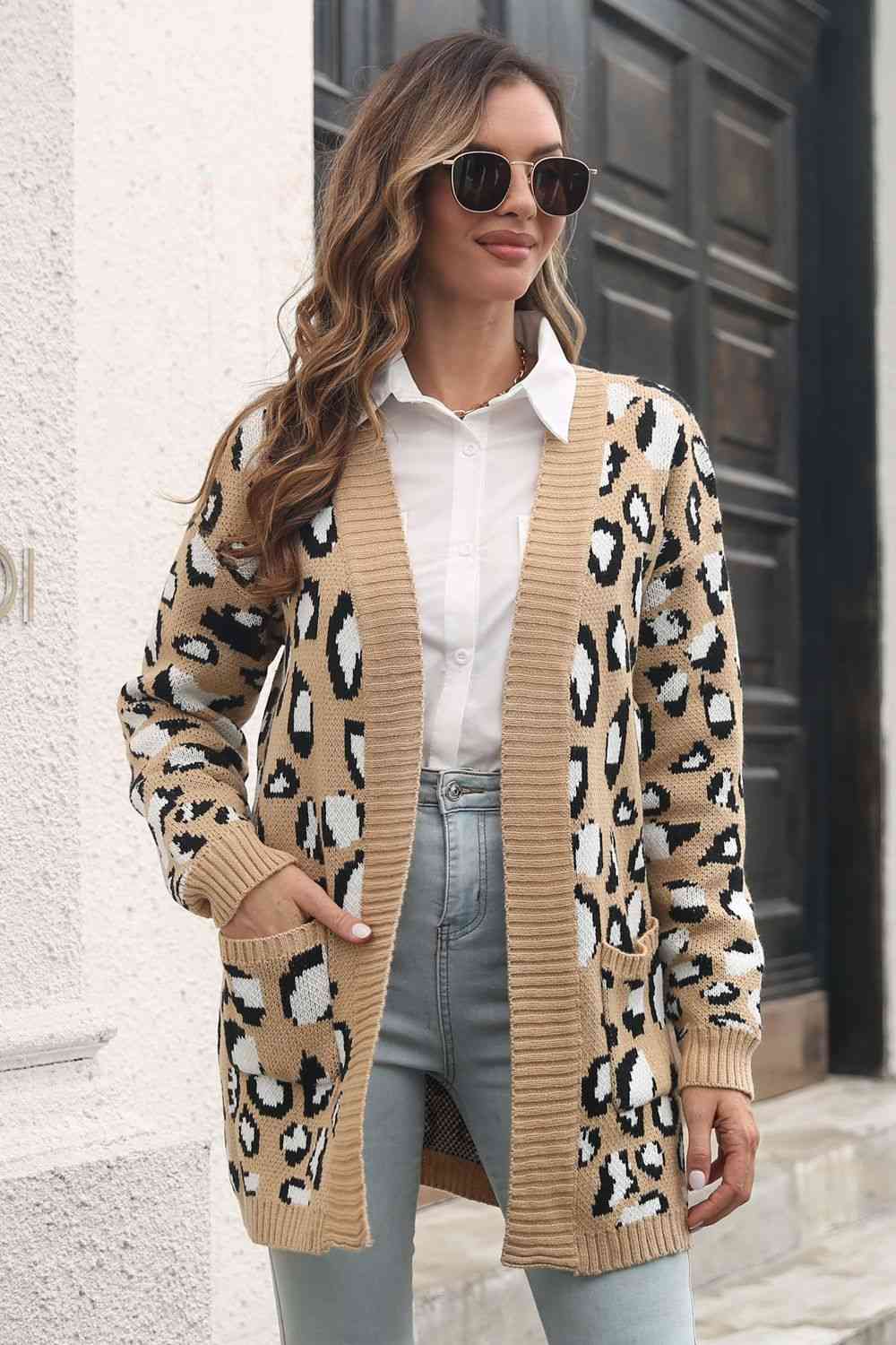 Leopard Open Front Cardigan with Pockets - TRENDMELO