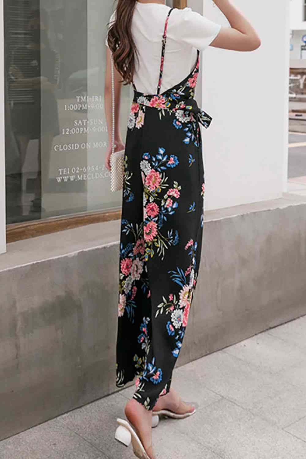 Floral Spaghetti Strap Wide Leg Jumpsuit with Pockets - TRENDMELO