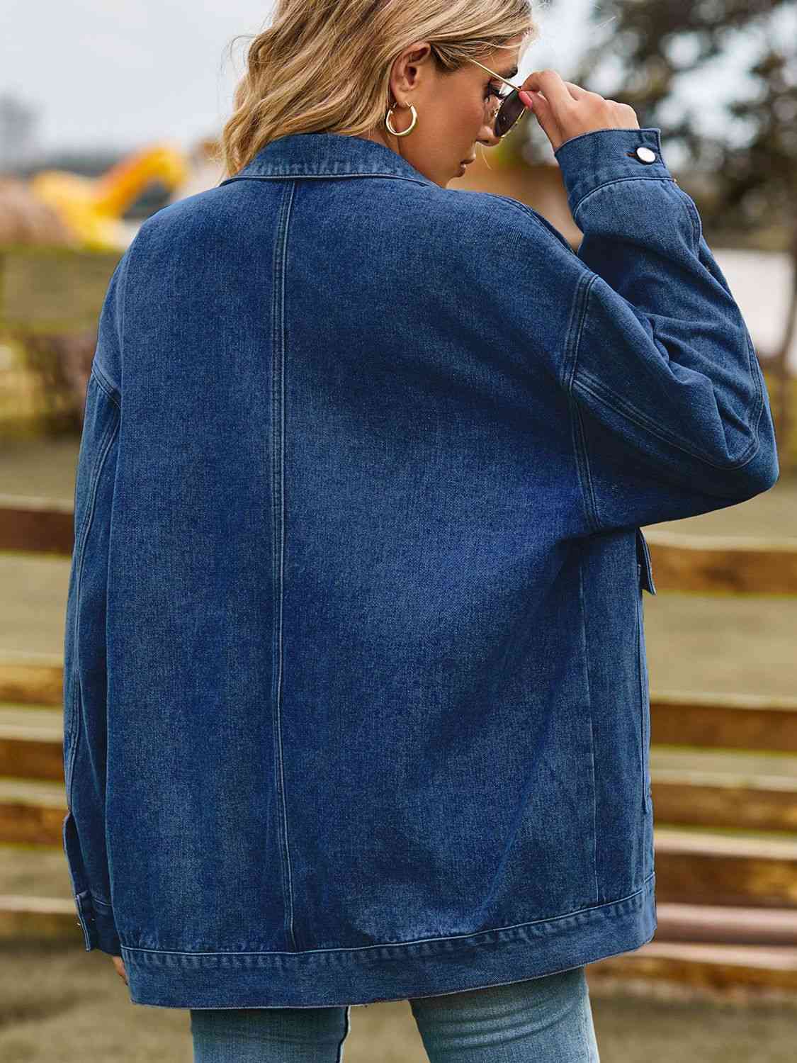 Dropped Shoulder Denim Jacket with Pockets - TRENDMELO