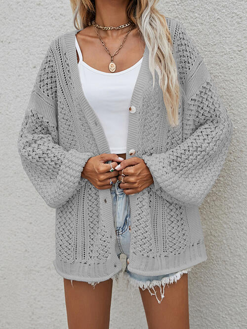 Openwork Button Front Cardigan - TRENDMELO