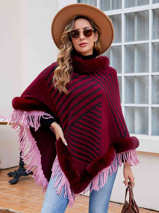 Striped Fringe Hem Poncho - TRENDMELO