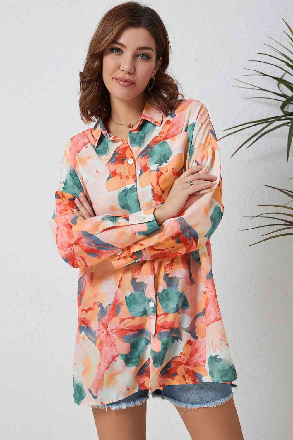 Double Take Floral Long Sleeve Slit Longline Shirt - TRENDMELO