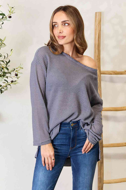 Basic Bae Waffle-Knit Round Neck Long Sleeve Slit Sweatshirt - TRENDMELO