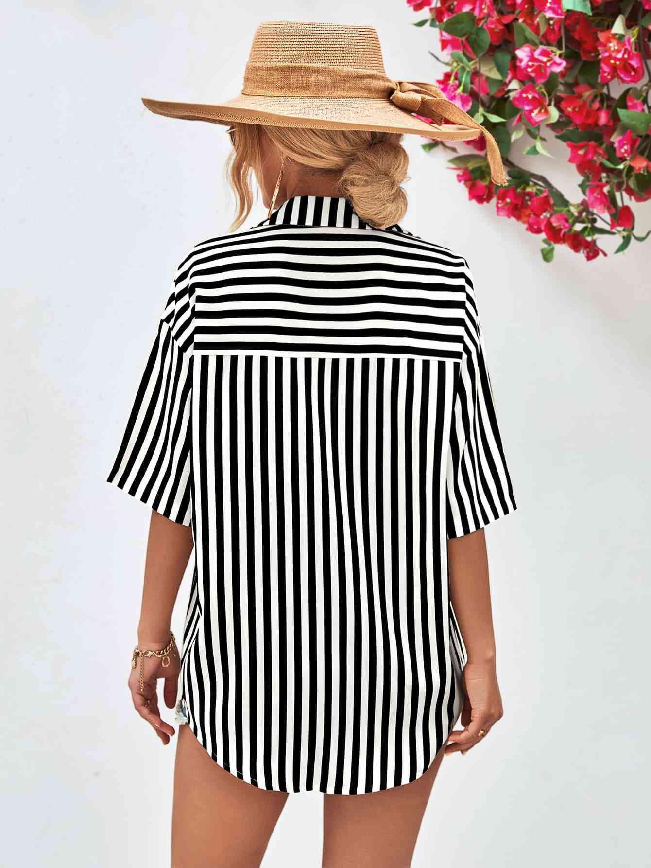 Striped Dropped Shoulder Half Sleeve Shirt - TRENDMELO