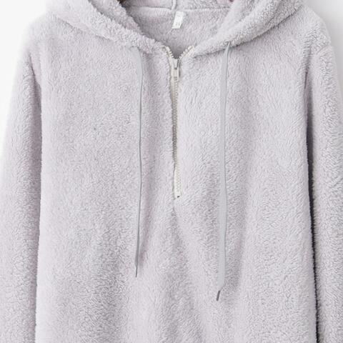 Full Size Quarter-Zip Drawstring Teddy Hoodie - TRENDMELO