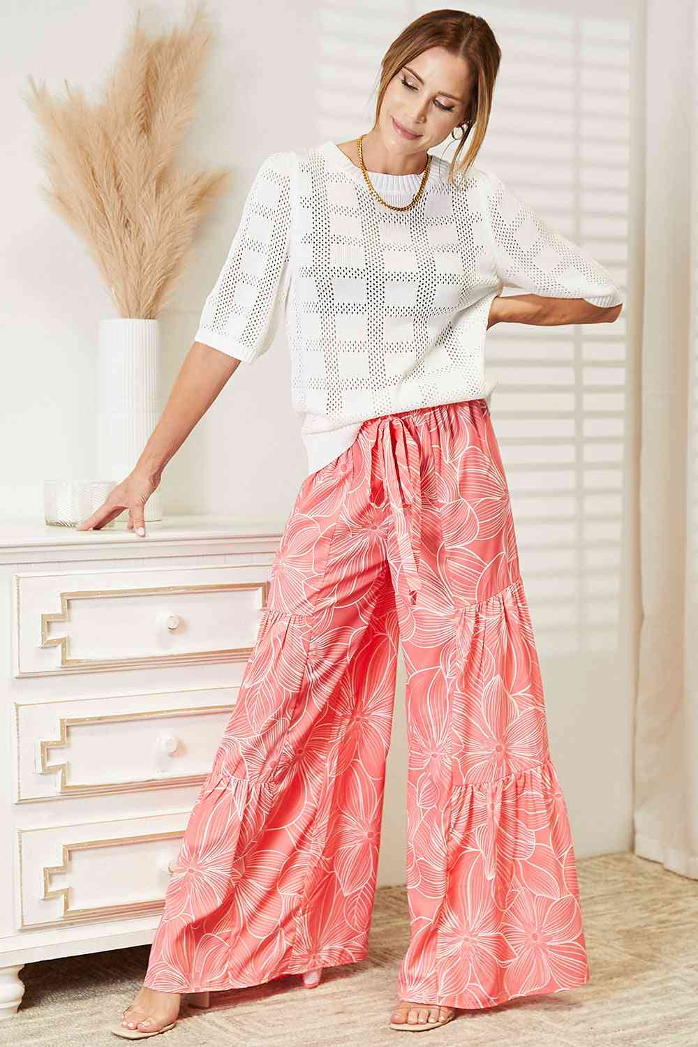 Double Take Floral Tiered Wide Leg Pants - TRENDMELO