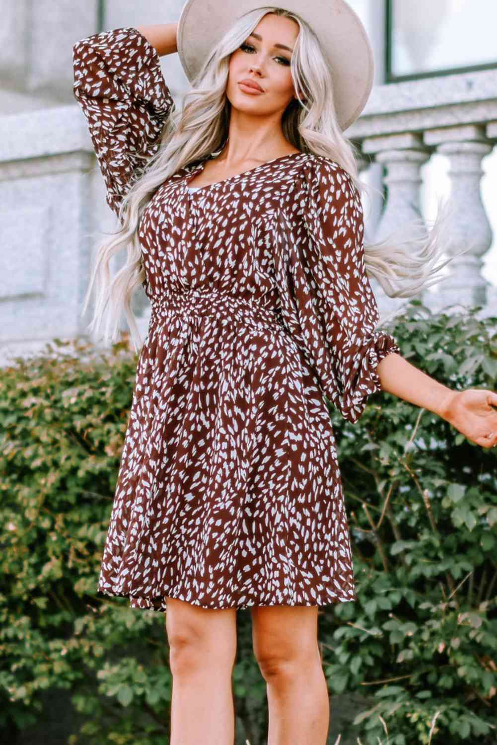 Printed Balloon Sleeve V-Neck Dress - TRENDMELO