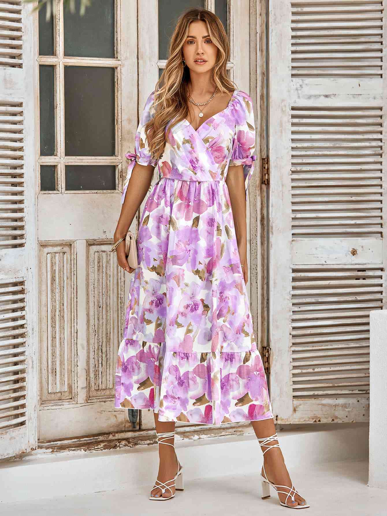 Floral Tie Cuff Surplice Neck Dress - TRENDMELO