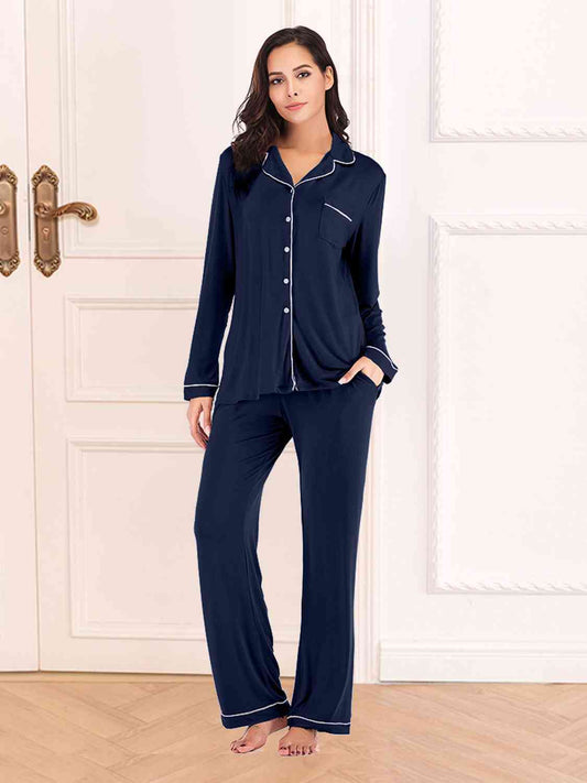 Collared Neck Long Sleeve Loungewear Set with Pockets - TRENDMELO