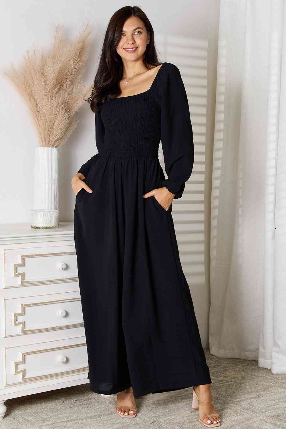 Double Take Square Neck Jumpsuit with Pockets - TRENDMELO