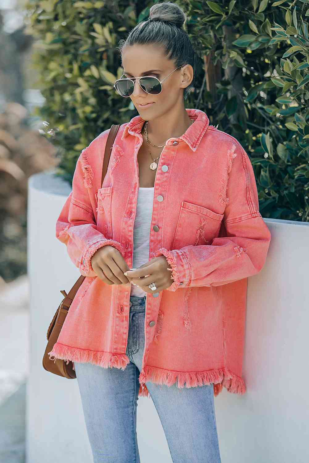 Double Take Distressed Fringe Trim Button Up Jacket - TRENDMELO