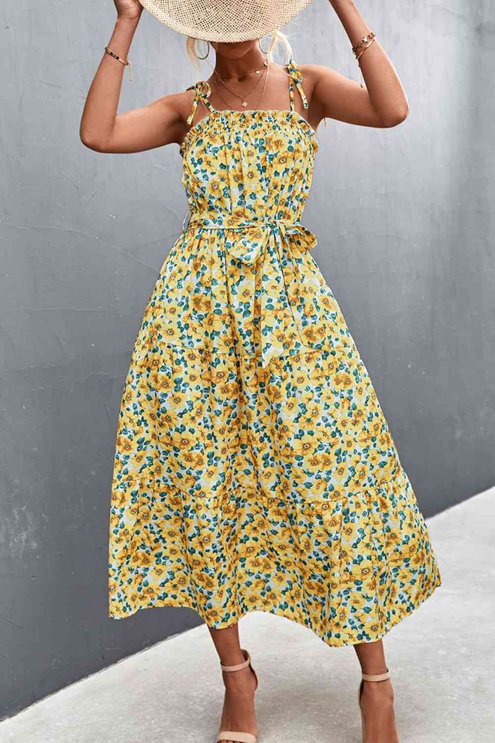 Floral Tie-Shoulder Belted Dress - TRENDMELO