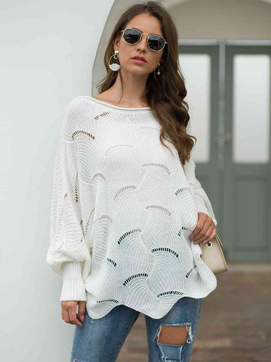 Full Size Boat Neck Lantern Sleeve Openwork Knit Top - TRENDMELO