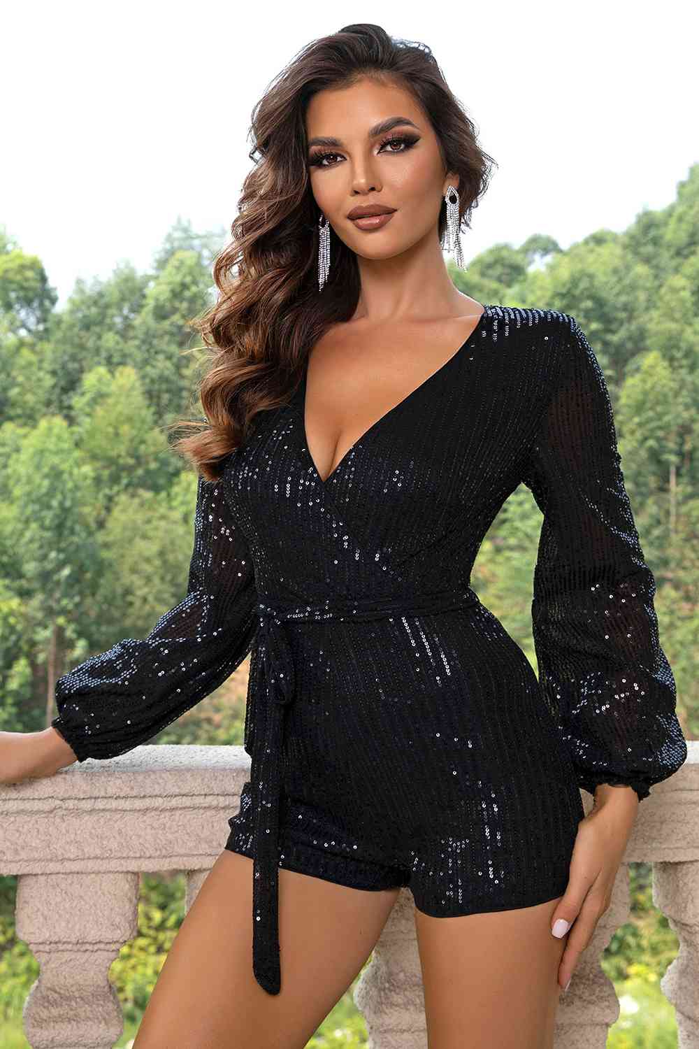 Sequin Tie Waist Long Sleeve Romper - TRENDMELO