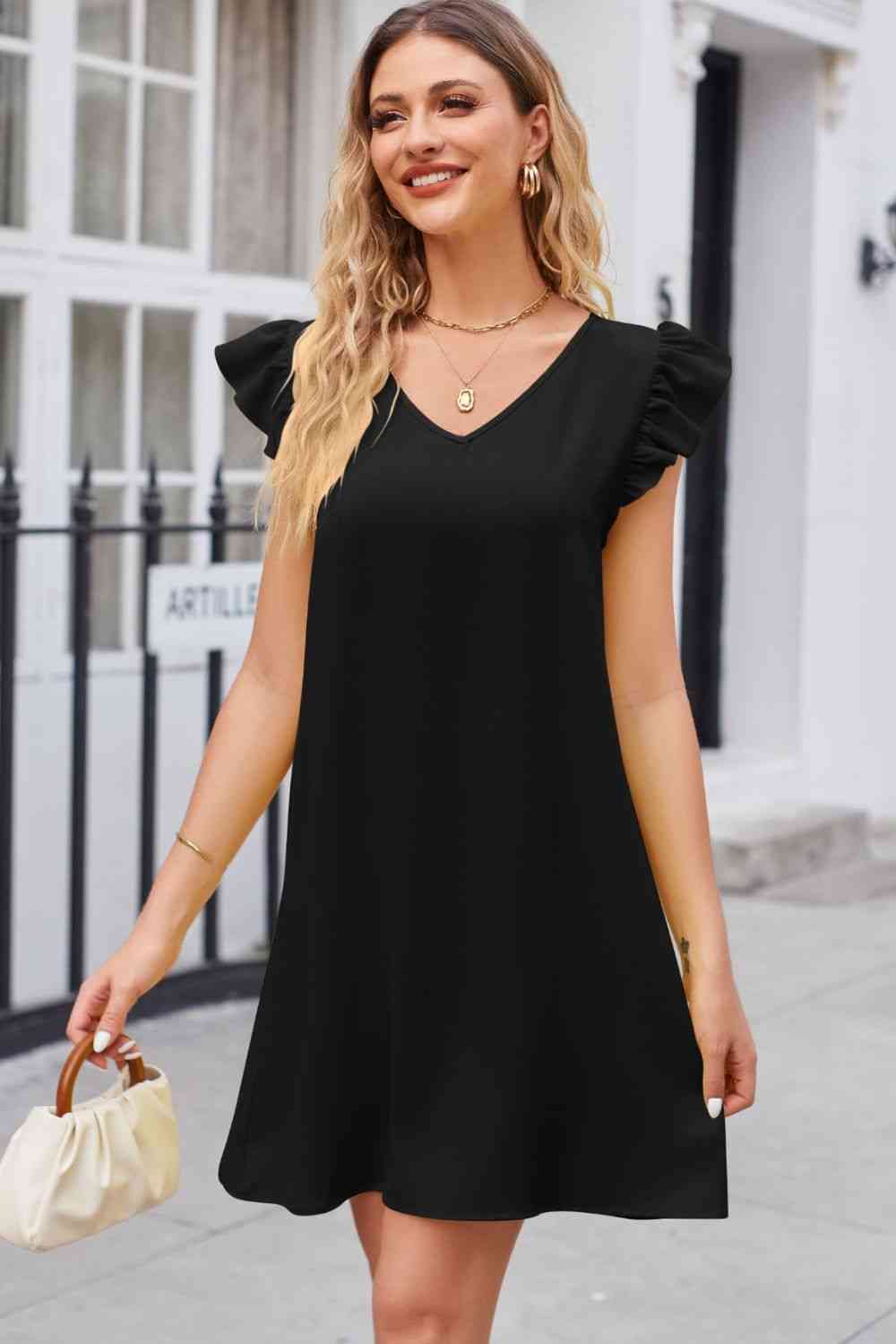 Ruffled V-Neck Flutter Sleeve Dress - TRENDMELO