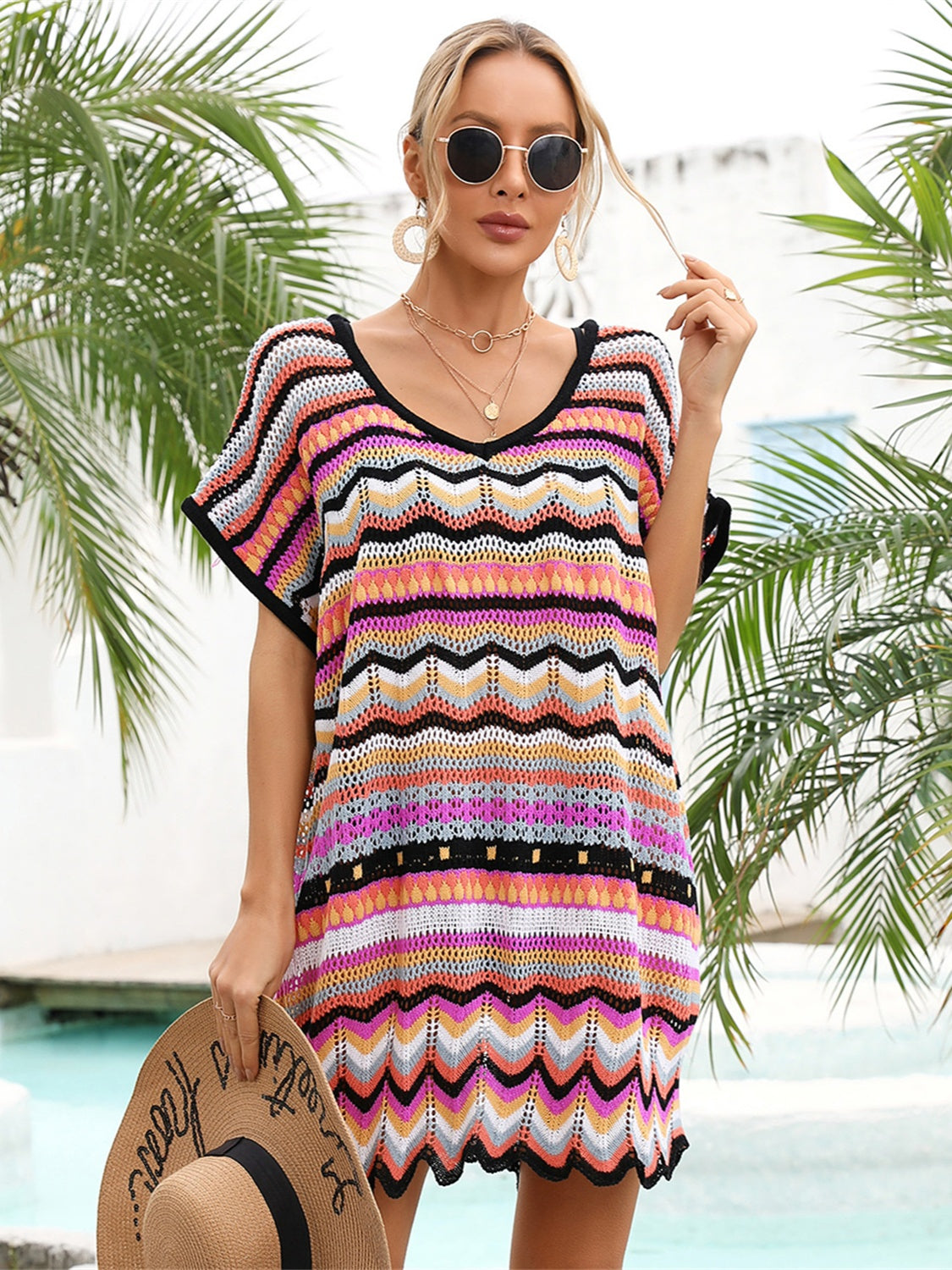 Rainbow Stripe Scalloped V-Neck Cover-Up Dress - TRENDMELO