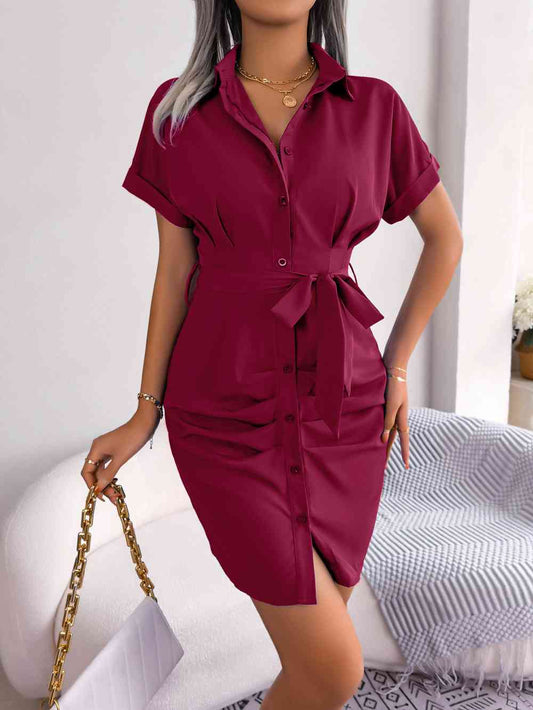 Button Down Ruched Tie Belt Dress - TRENDMELO