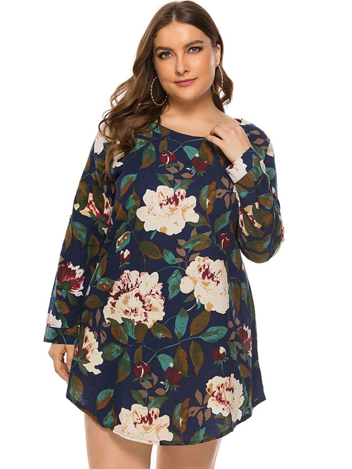 Full Size Floral Long Sleeve Mini Dress - TRENDMELO