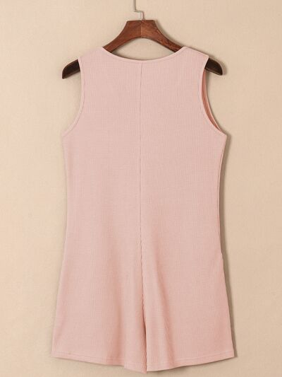 Waffle-Knit Half Button Sleeveless Romper with Pockets - TRENDMELO