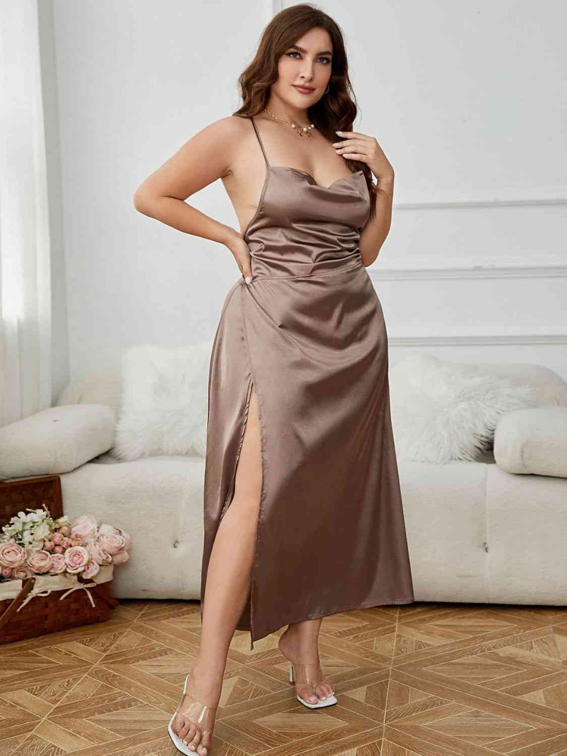 Plus Size Lace-Up Spaghetti Strap Split Night Dress - TRENDMELO