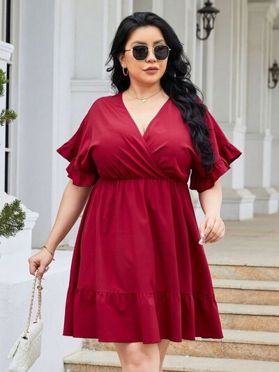 Plus Size Ruched Surplice Flounce Sleeve Mini Dress - TRENDMELO