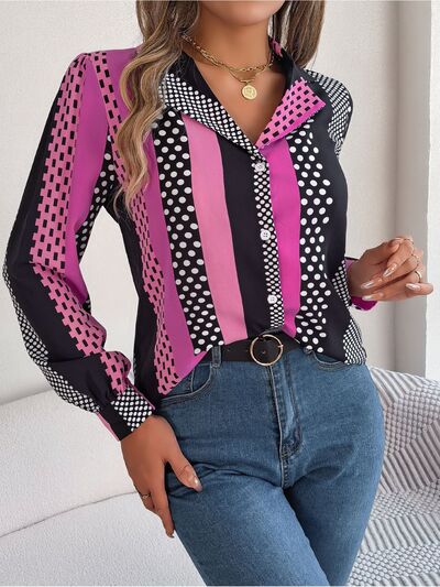 Polka Dot Contrast Long Sleeve Shirt - TRENDMELO