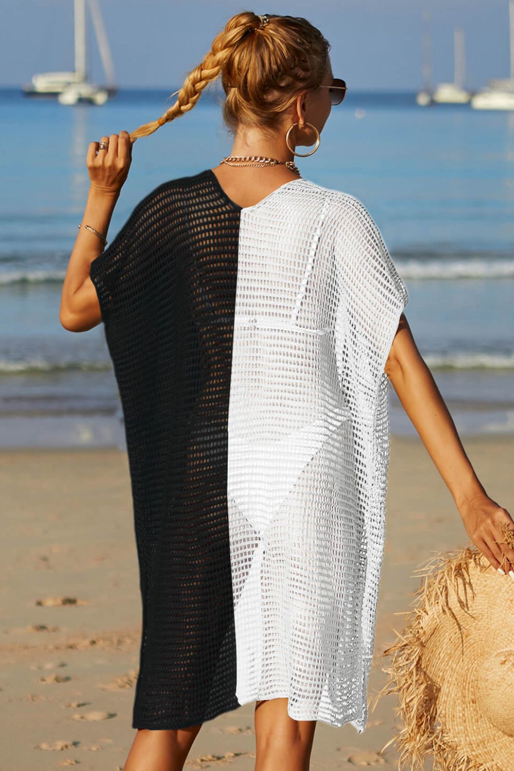Two-Tone Side Slit Open Front Cover Up - TRENDMELO