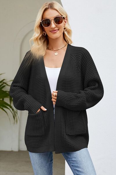 Open Front Raglan Sleeve Pocketed Cardigan - TRENDMELO