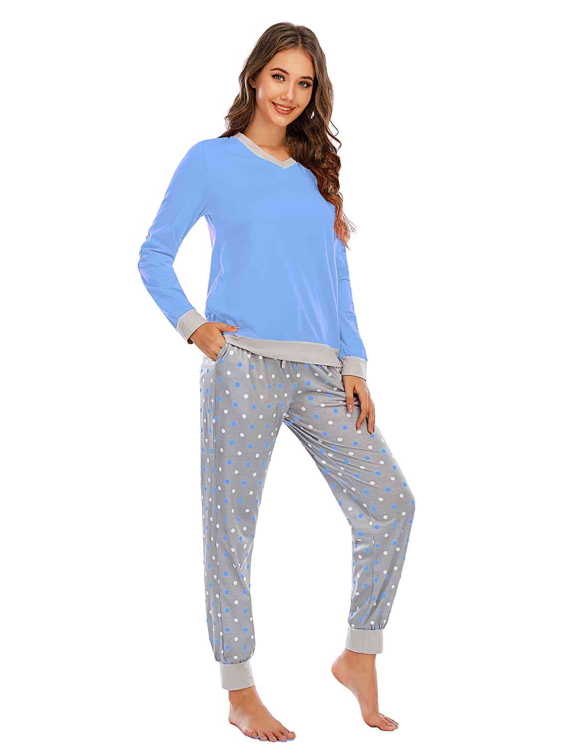 Long Sleeve Top and Polka Dot Pants Set - TRENDMELO