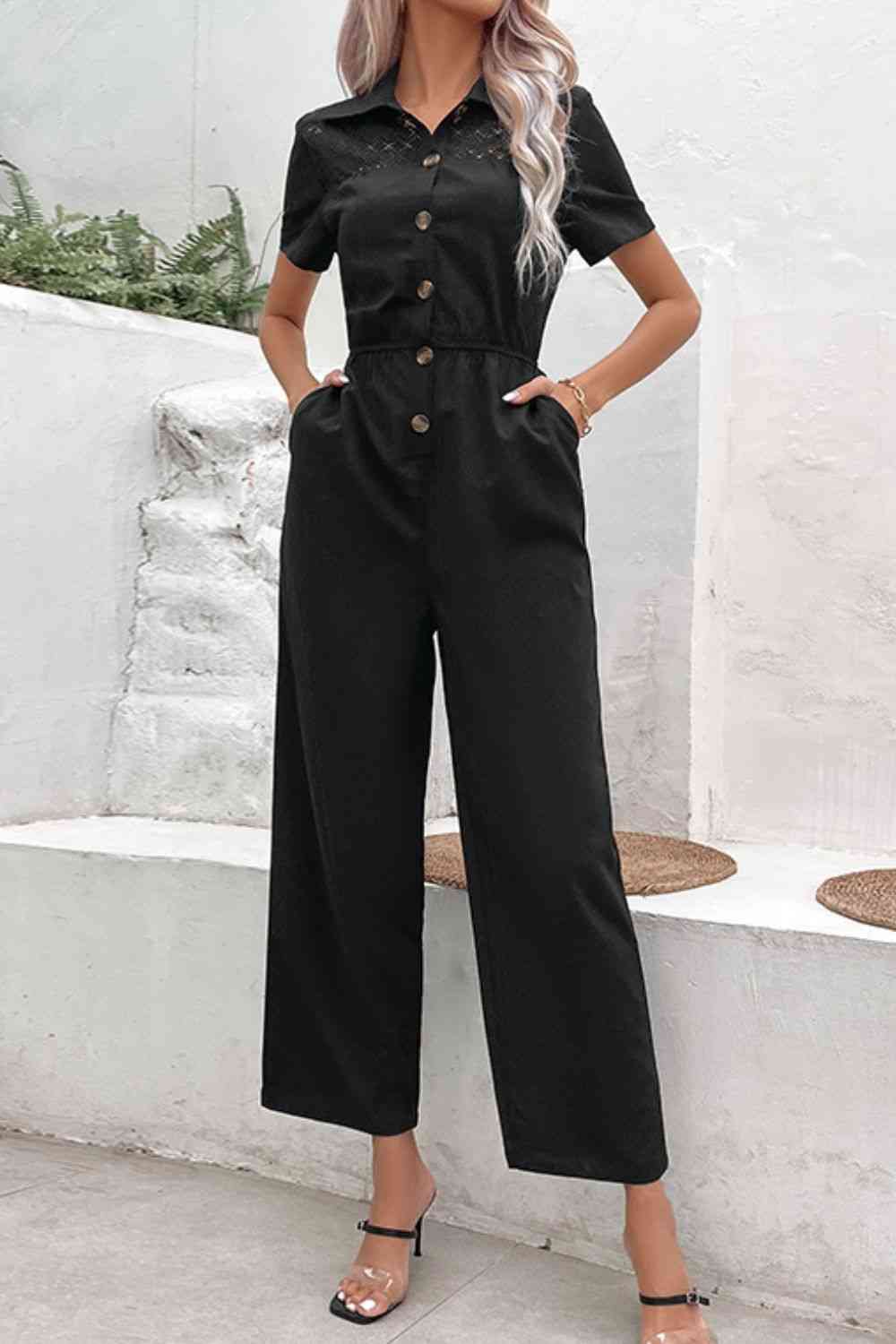 Collared Neck Short Sleeve Jumpsuit - TRENDMELO