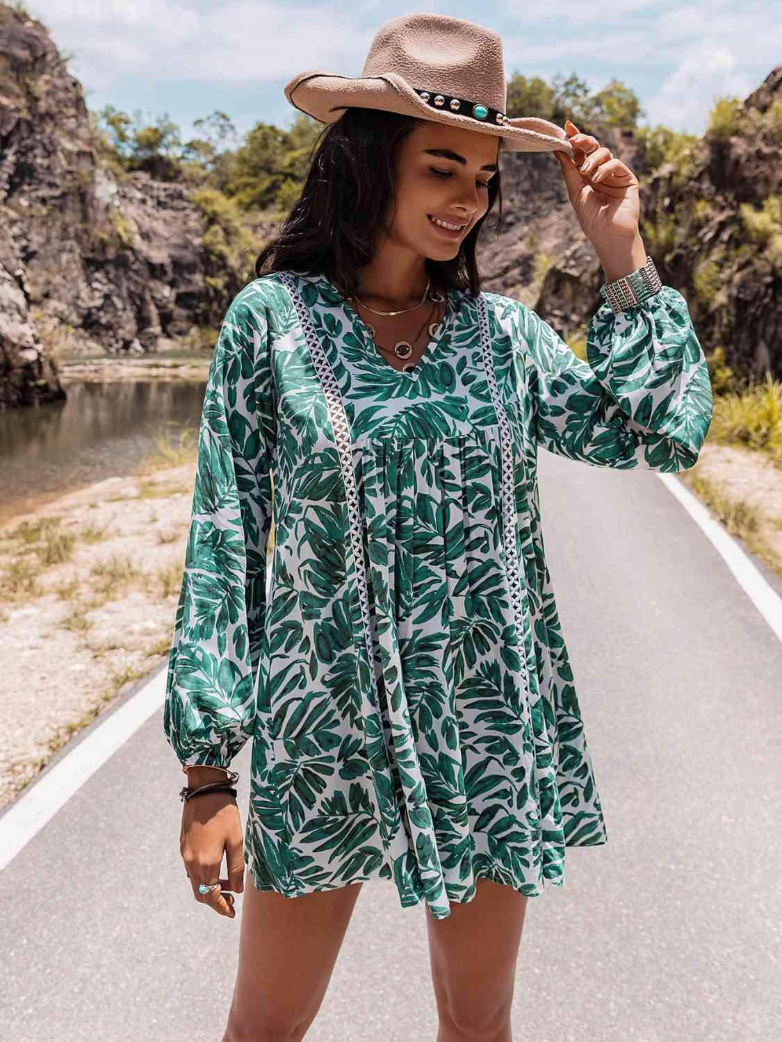 Long Sleeve V-Neck Mini Dress - TRENDMELO