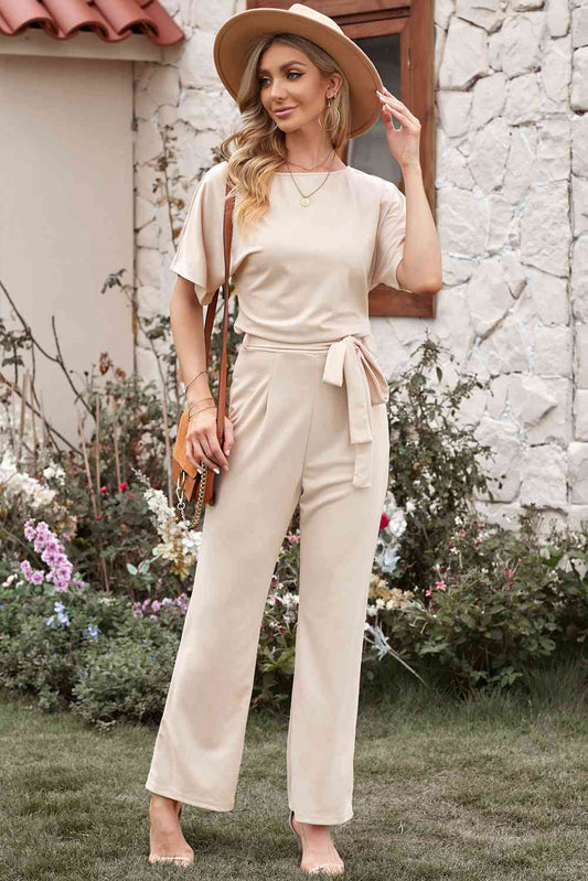 Full Size Tie Waist Straight Leg Jumpsuit - TRENDMELO