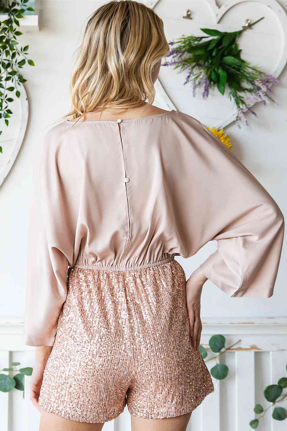 Sequin Drawstring Waist Dolman Sleeve Romper - TRENDMELO