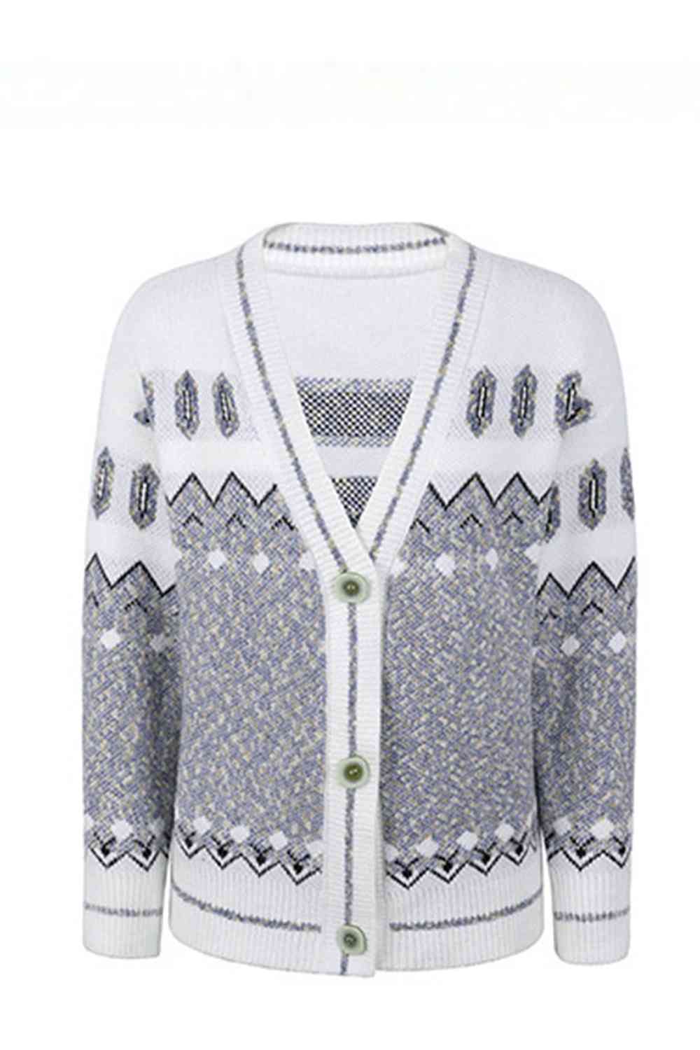 Printed V-Neck Buttoned Cardigan - TRENDMELO